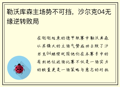 勒沃库森主场势不可挡，沙尔克04无缘逆转败局